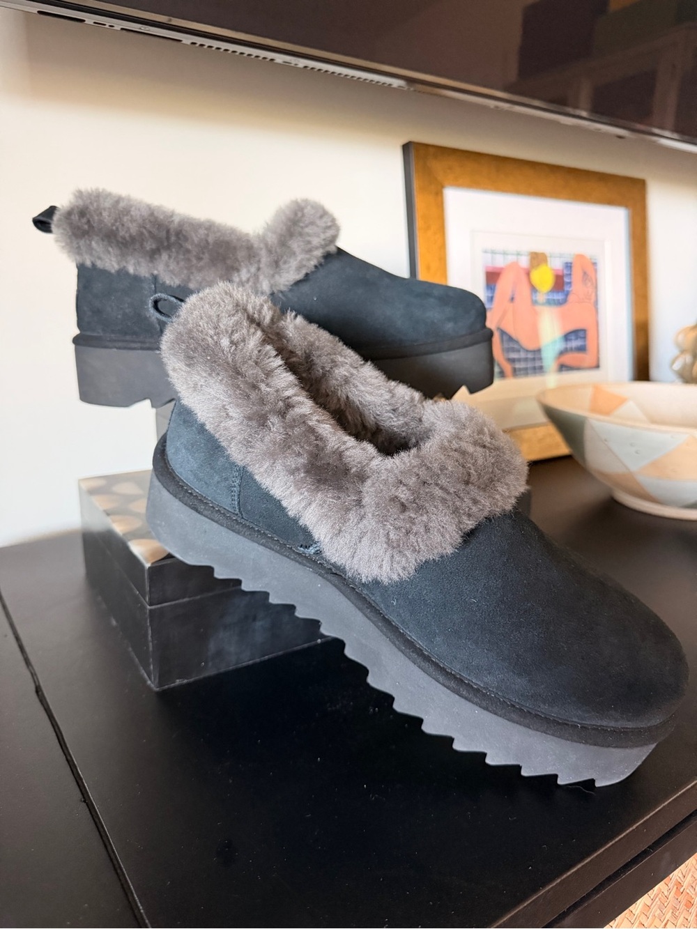 UGG Women's Black Suede Faux-Fur Platform Clogs